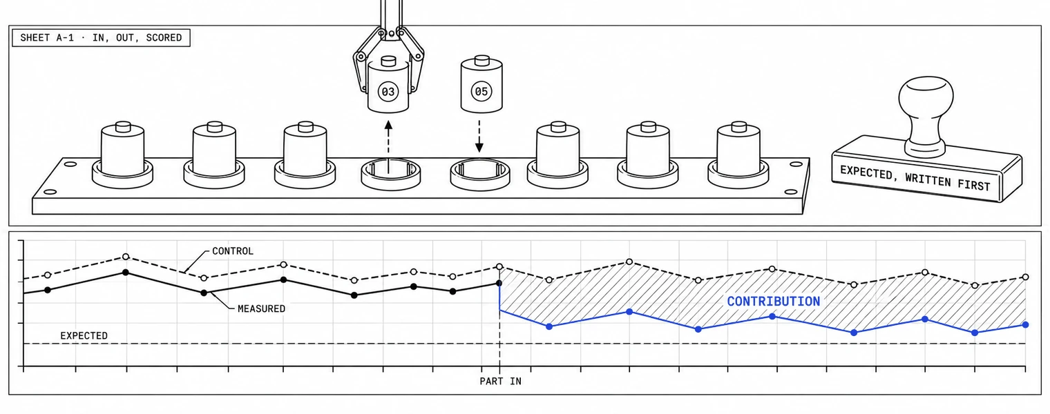 Kit sheet, test bench: one numbered cell lifted out of a socket while a second hovers above the empty port; below, a score chart where a dashed control line and a solid measured line wobble together until a tick marked Part in, after which the measured line steps away from the control and holds at a dashed level marked Expected, with the gap hatched and labeled Contribution